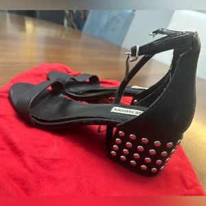 Black 2 inch heels, open toe, closed back